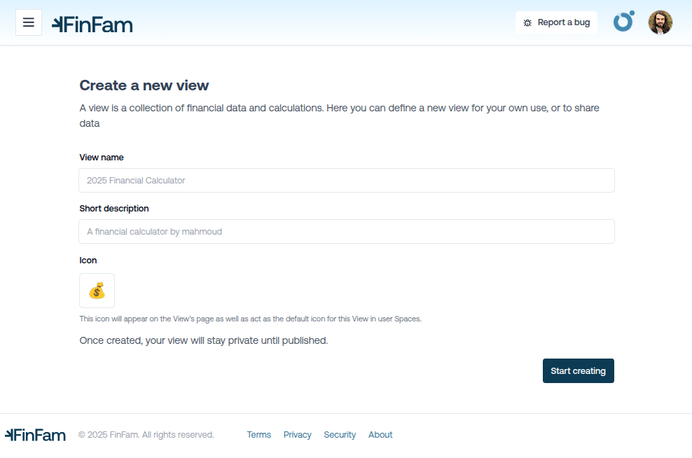 View creation screen